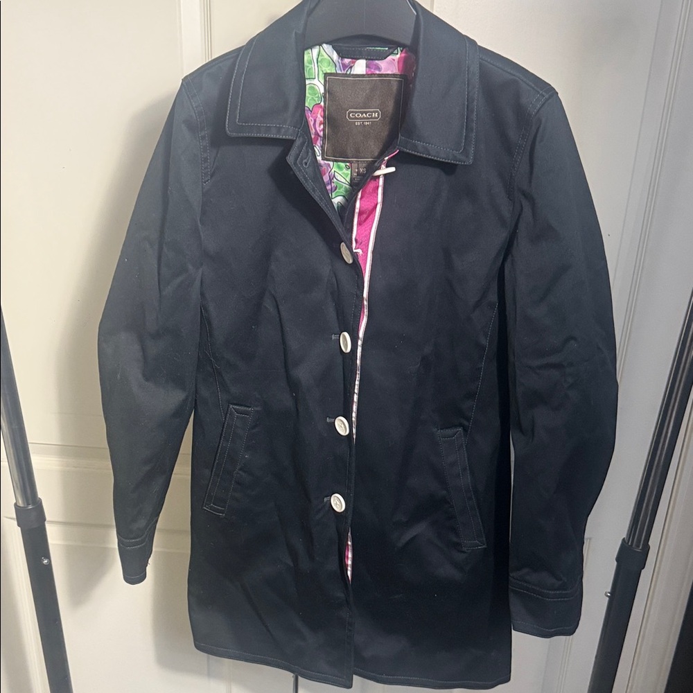 Coach Navy Trench Coat w/Floral Lining Size XS